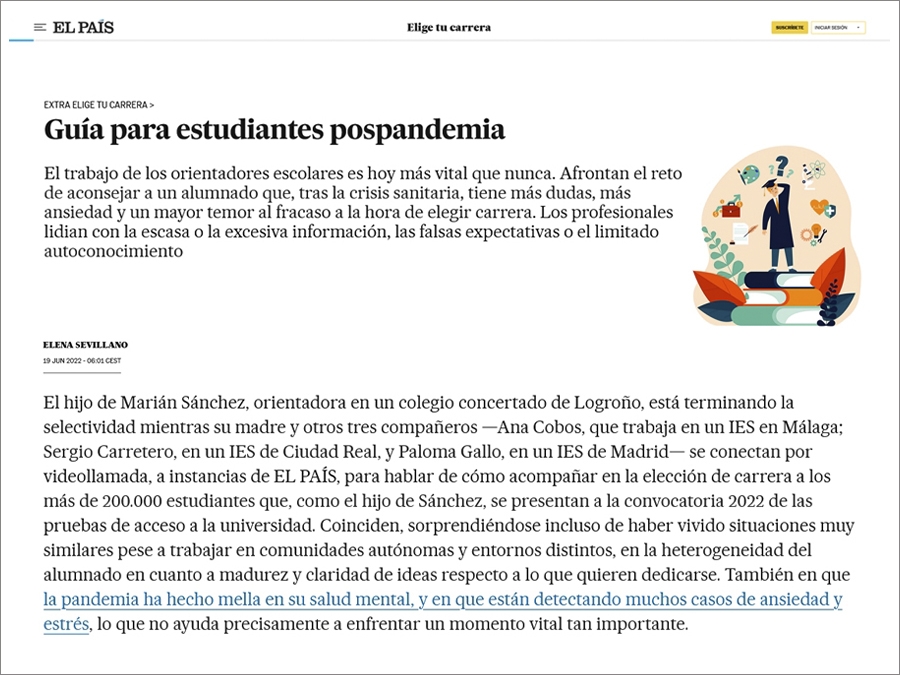 &quot;Guía para estudiantes pospandemia&quot;, un artículo de El País sobre la importancia de la orientación escolar