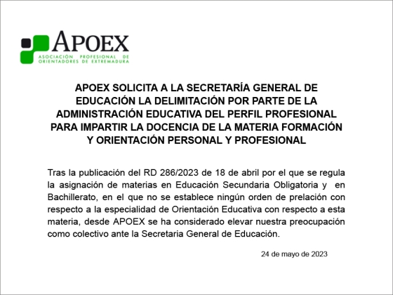 APOEX solicita a la Secretaría General de Educación la delimitación por parte de la administración educativa del perfil profesional para impartir la docencia de la materia Formación y Orientación Personal y Profesional