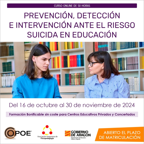 Curso online de COPOE &quot;Prevención, detección e intervención ante el riesgo suicida en educación”, del 4 de octubre al 12 noviembre de 2023